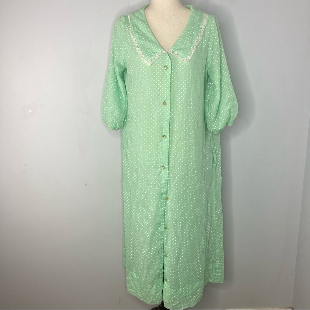 Vintage Green Polka Dot Long Button Front House Coat Night Gown - Picture 2 of 7